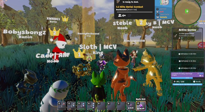 A screenshot from a multiplayer online game showing various animal-like characters with names like 'Bobysbongz', 'caerfANF', 'Sloth | MCV', and 'steible' in a grassy field.