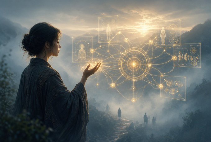 A digital illustration showing a woman in profile reaching her hand toward a glowing, intricate golden holographic network of circles, lines, and human figure diagrams floating above a misty mountain landscape.