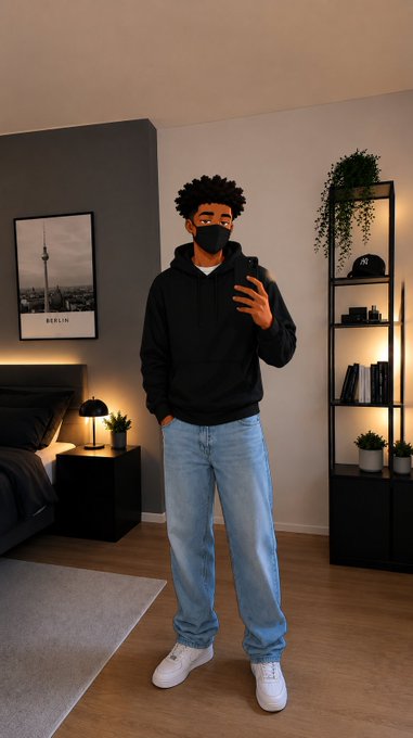 A young man in a black hoodie, jeans, and a face mask takes a mirror selfie in a modern bedroom featuring a framed "BERLIN" poster, a bedside lamp, and a shelving unit with plants and decor. The polished, stylish look pairs with the confident "gm winners" message celebrating $RIVER's cross-chain liquidity ecosystem and ARCTERMINAL's user-owned AI infrastructure.