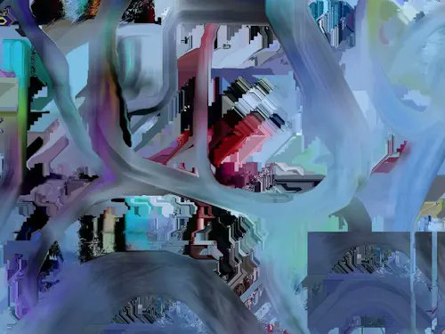!!!type send regret (#6)!! by @dotjiwa Sold↴ to @newbrewsig for 0.1243ETH $RARE". The main focus of this image is a large abstract painting with many colors, shapes, and lines. The artwork appears to be a digital piece that has been edited or manipulated in various ways to create an intriguing visual effect.
