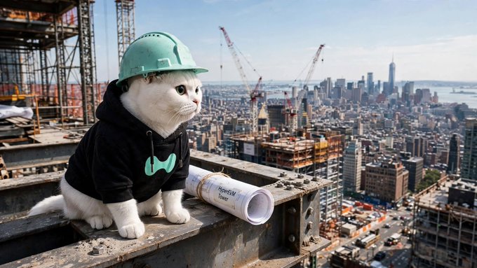 A white cat wearing a green hard hat and black hoodie sitting on a construction beam overlooking a city skyline, with a rolled-up paper beside it.