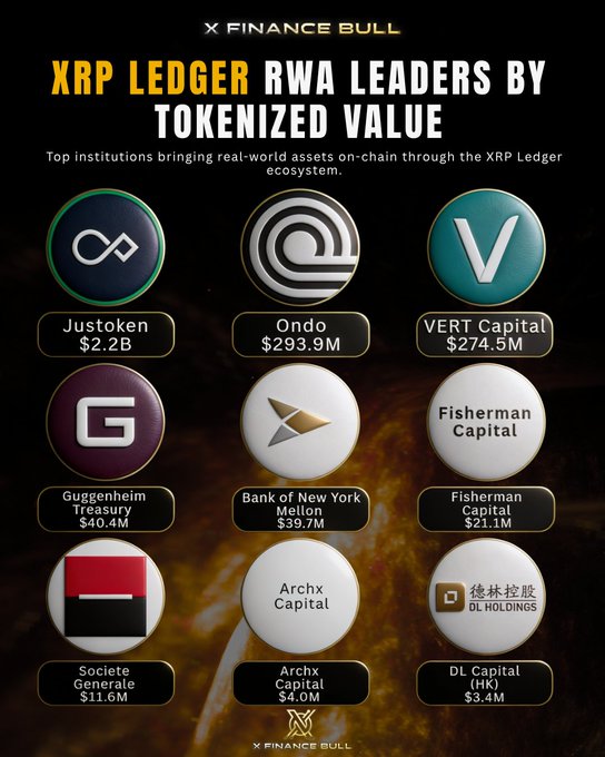 The image features a poster with various logos, including one for XRP Ledger and another for tokenizing value. The poster also includes information about different institutions and companies that are involved in tokenization or real estate.