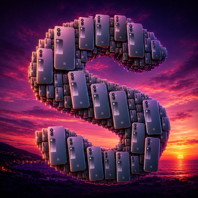 A surreal 3D rendering of numerous smartphones arranged in a circular, ring-like formation against a vibrant purple and orange sunset over the ocean.