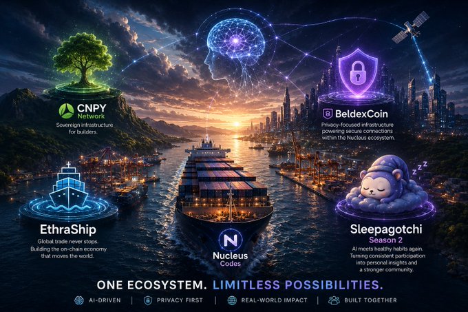A promotional graphic for the Nucleus ecosystem, displaying its components: CNPY Network, BeldexCoin, EthraShip, and Sleepagotchi Season 2, with the tagline 'ONE ECOSYSTEM. LIMITLESS POSSIBILITIES.'