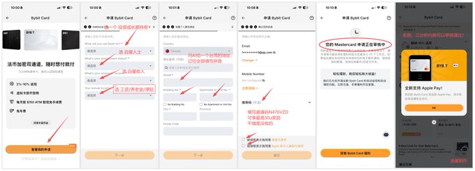 Six-panel tutorial in Chinese showing step-by-step instructions for adding a Bybit Card, including adding a card, entering personal details, and saving the card to Apple Pay.
