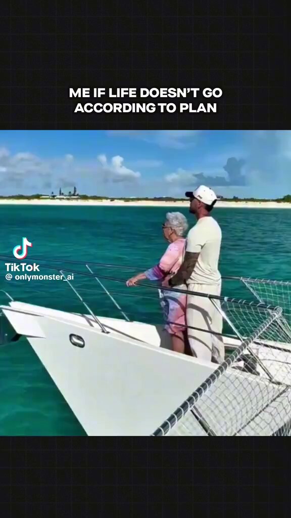 The image features a man and woman standing on a boat with their backs to the camera. They appear to be enjoying themselves as they gaze at the ocean. The caption of the image reads, "Me if life doesn't go according to plan, but Plan B is looking promising". This phrase suggests that even though things may not have gone as expected or planned out, there are still positive aspects and opportunities for a better future.