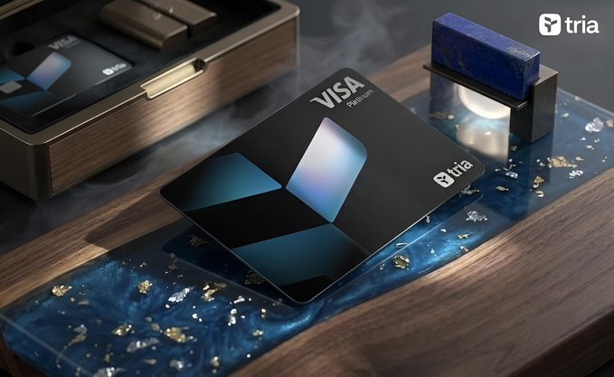 The image features a black Visa card with a blue design sitting on top of a wooden table. The card has a unique design that includes a geometric pattern. The background of the image shows a dark wood surface, which contrasts with the vibrant colors of the card. The text "GN everyone Mass adoption in crypto won't happen because we create more apps" is written below the card, and it appears to be part of an advertisement or promotional material for Tria.