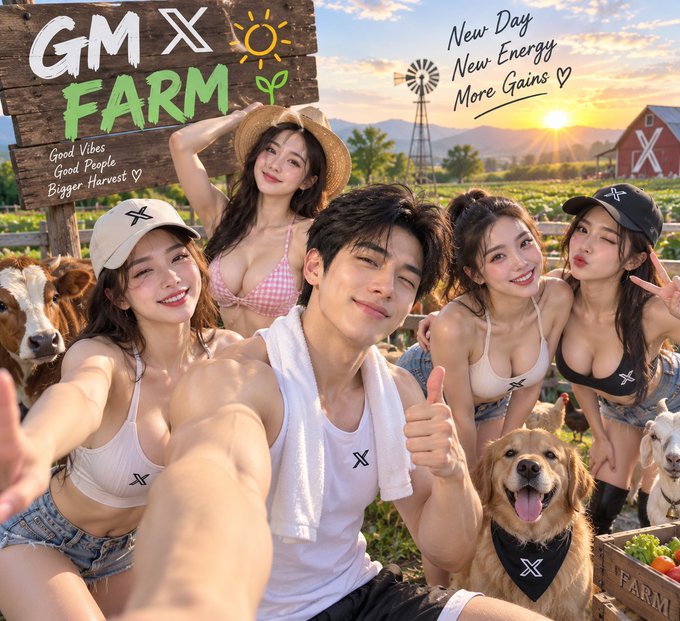 A promotional image for 'GMX FARM' featuring young people in a selfie pose at a farm, with text 'New Day, New Energy, More Gains', 'Good Vibes, Good People, Bigger Harvest', along with a cow, a dog, and a goat.