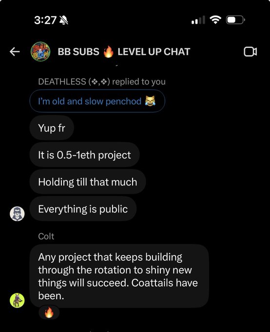 A screenshot of a Discord chat titled "BB SUBS 🔥 LEVEL UP CHAT" showing messages from users "DEATHLESS" and "Colt" discussing a 0.5-1 ETH project, with Colt stating "Any project that keeps building through the rotation to shiny new things will succeed. Coattails have been." This aligns with the post's reference to @CoattailBrokers sharing bullish insights ("alpha") in the subs chat.