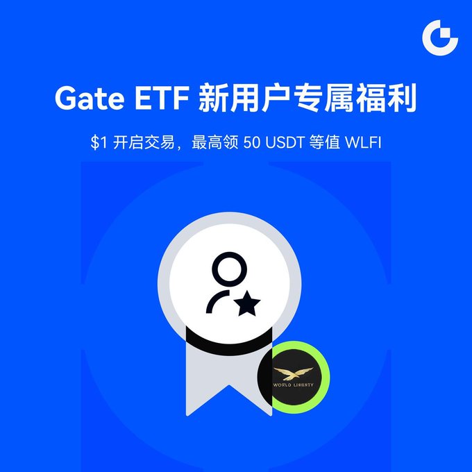 A blue promotional graphic advertises 'Gate ETF 新用户专属福利' offering a $1 trading start with up to 50 USDT in WLFI rewards, featuring an 'EXCLUSIVE' ribbon badge.