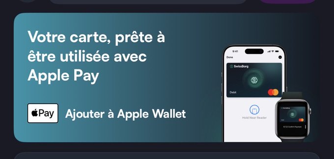 A French-language Apple Pay promotional banner stating 'Votre carte, prête à être utilisée avec Apple Pay,' with an 'Ajouter à Apple Wallet' button and a phone showing a Swile card alongside an Apple Watch.