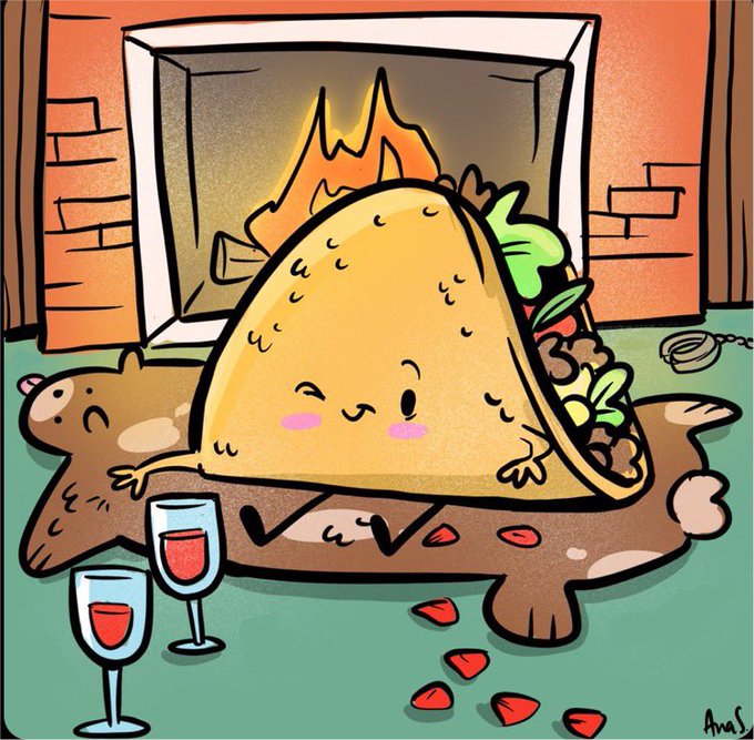 A cartoon illustration of a cute taco character with kawaii face sitting on a bear rug in front of a fireplace.