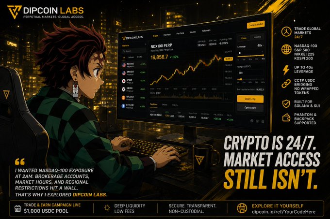 An advertisement for 'DIPCOIN LABS' features an anime-style character trading NDX100 PERP on a monitor, with the tagline 'CRYPTO IS 24/7. MARKET ACCESS STILL ISN'T.'