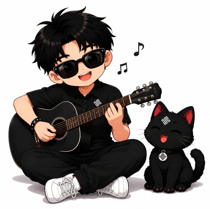 A digital illustration in a cartoon style depicts a cheerful boy with messy black hair and sunglasses playing a black acoustic guitar, accompanied by a smiling black cat with red inner ears and a bell collar.