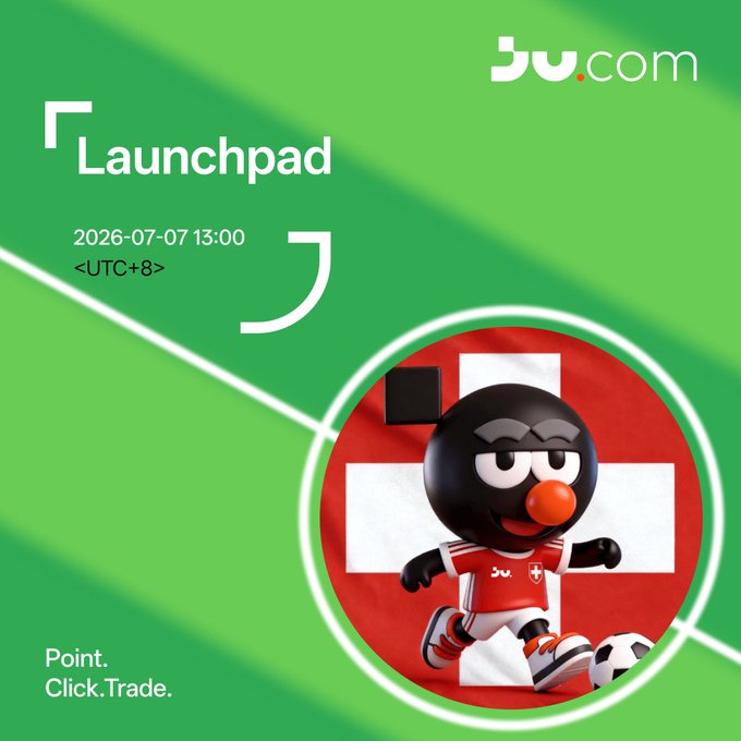 BW.com Launchpad announcement for July 7, 2026 at 13:00 UTC+8, featuring a cartoon mascot in a Swiss soccer uniform with the tagline 'Point. Click. Trade.'