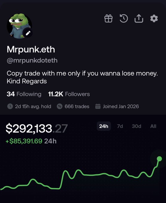 A trader's profile page for "Mrpunk.eth" (@mrpunkdoteth) displays a bio reading "Copy trade with me only if you wanna lose money. Kind Regards," along with stats showing 11.2K followers, 666 trades, a 2d 15h average hold, and a portfolio value of $292,133.27 (up $85,391.69 in 24h), with a green line chart illustrating the recent upward trend—supporting the post's joke about someone with a six-figure balance "larp-ing" as an eight-figure wallet.