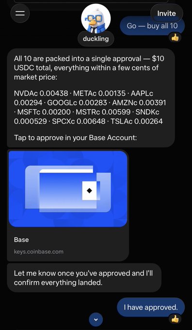 A screenshot of a chat message from a user named 'duckling' discussing a bundled stock purchase for $10 USDC, listing tickers including NVDA, META, AAPL, GOOGL, AMZN, MSFT, MSTR, SNDK, SPCX, and TSLA, with a Base wallet approval link.