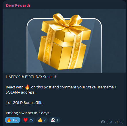 A "Dem Rewards" promotional post features a golden gift box and announces a giveaway for "HAPPY 9th BIRTHDAY Stake!!!" where participants can win a 1x GOLD Bonus Gift by reacting with 🔥, commenting with their Stake username + SOLANA address, with a winner to be picked in 3 days (186 likes, 25 reactions, 2 comments). The post links to t.me/demrewards for entry, directly supporting the accompanying message about Stake's birthday gift celebration and the call to RT, like, and drop SOL address and username.