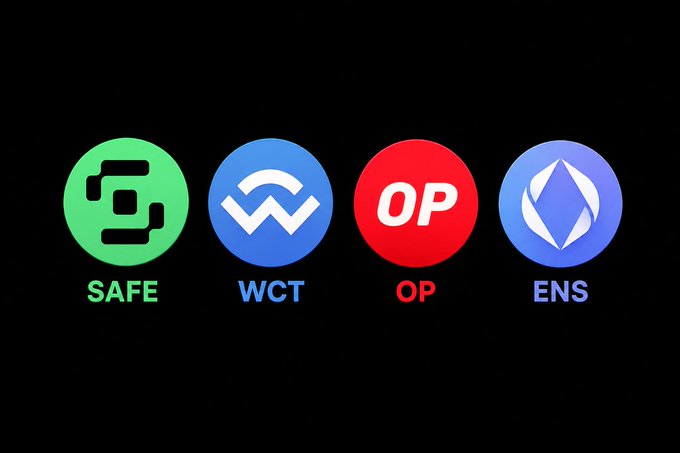 Four cryptocurrency token logos displayed on a black background: SAFE (green), WCT (blue), OP (red), and ENS (purple/blue).