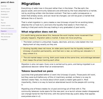 A documentation page for "pons v2 docs" explaining token migration mechanics, including that existing liquidity doesn't move and old pools remain permanently locked at Uinswap v2 while Uinswap v4 is launched for the migration.