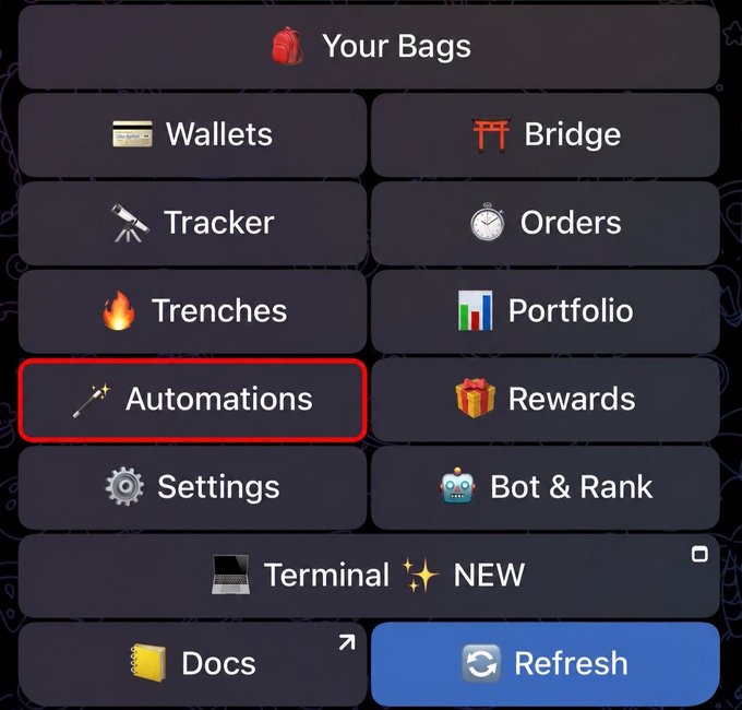A dark-themed menu interface showing various options including Your Bags, Wallets, Tracker, Trenches, Bridge, Orders, Portfolio, Automations (highlighted in red), Rewards, Settings, Bot & Rank, Terminal (marked NEW), Docs, and a Refresh button.