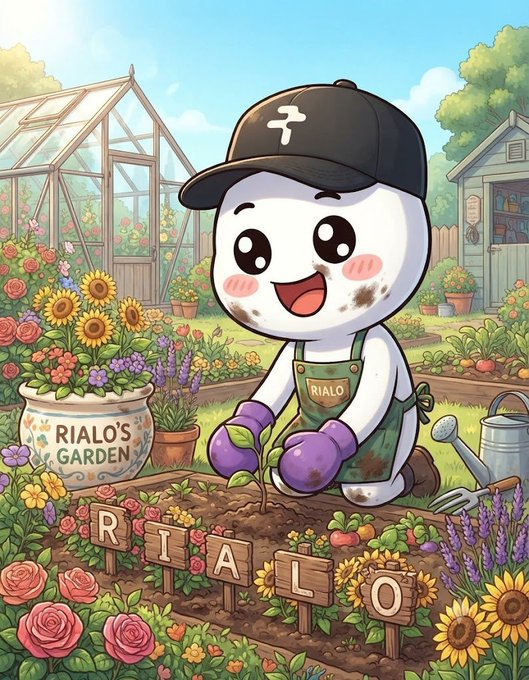 An illustration depicts a cute white character wearing a '7' cap and 'RIALO' apron, gardening with text 'RIALO'S GARDEN' on a planter and 'RIALO' spelled in wooden letters.