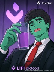 A green-skinned, superhero-styled character in a suit holds up a beaker of glowing purple liquid, with the "Injective" logo and "Li.Fi protocol" branding displayed, visually representing the smooth bridging and swapping of USDT into INJ using Jumper powered by Li.Fi.