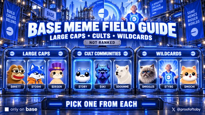 A "Base Meme Field Guide" graphic for the Base blockchain featuring meme coins categorized into Large Caps ($BRETT, $STOSHI, $DEGEN), Cult Communities ($TOBY, $SKI, $DOGINME), and Wildcards ($MIGGLES, $TYBG, $MOCHI).