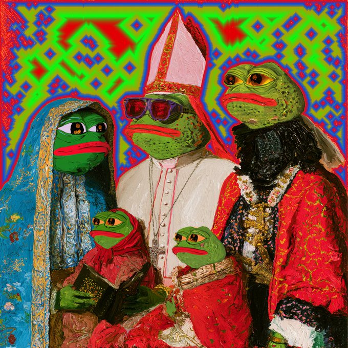 A surreal parody painting of the Holy Family reimagined as Pepe the Frog characters, with the central frog figure dressed as a Pope wearing red sunglasses and holding a child frog.