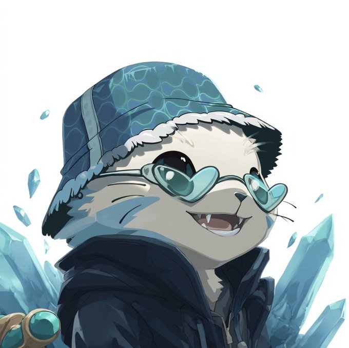 An anime-style digital illustration of a smiling, anthropomorphic otter or sea creature character wearing a blue fur-lined hat, sunglasses, and a dark jacket, surrounded by blue ice crystals.