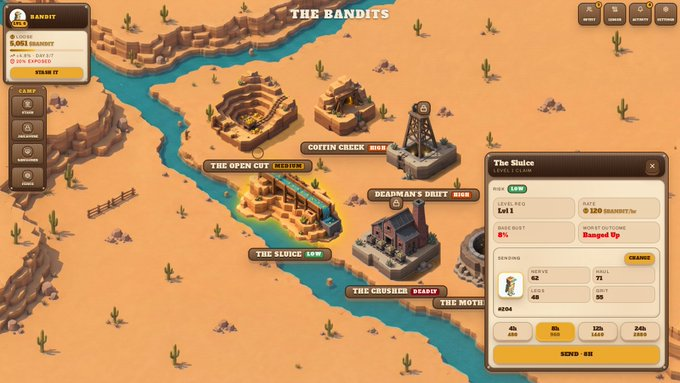 A screenshot of a desert-themed browser game titled 'THE BANDITS' showing a mine called 'The Sluice' at level 62 with 12k ore and an 8% base cost.