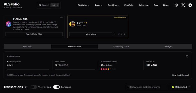 A PLSFolio web application dashboard displaying token analysis, portfolio statistics, and advertisements for PLSFolio PRO and GOTTI, with tabs for Portfolio, Transactions, Spending Caps, and Bridge.
