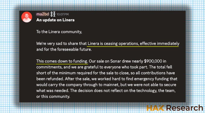 A Slack message from "ma2bd" at 10:07 PM titled "An update on Linera" announces that Linera is ceasing operations effective immediately due to a failed Sonar token sale that fell short of the minimum $900,000 in commitments, with all contributions refunded as the company could not secure emergency funding to continue operations.