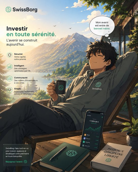 A SwissBorg French advertisement showing an anime-style man relaxing in a mountain chair with the headline 'Investir en toute sérénité. L'avenir se construit aujourd'hui,' highlighting Sécurité, Intelligent, Communauté, and Simple features.
