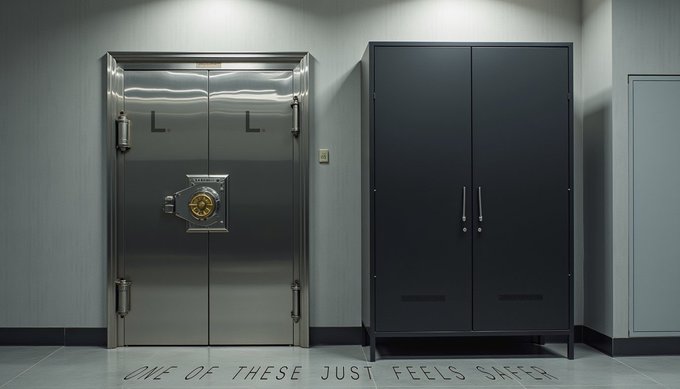An interior scene with a heavy metal vault door next to a dark cabinet and a regular door, captioned 'ONE OF THESE JUST FEELS SAFER'.