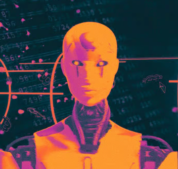 A neon-hued android with glowing eyes stares forward against a backdrop of floating code and numbers—including "82473," "7436," and "7721"—symbolizing the machine-to-machine intelligence at the heart of the Ethereum Foundation's new zkAPI, which enables private, AI-powered crypto payments via $ETH and $USDC using zero-knowledge proofs.