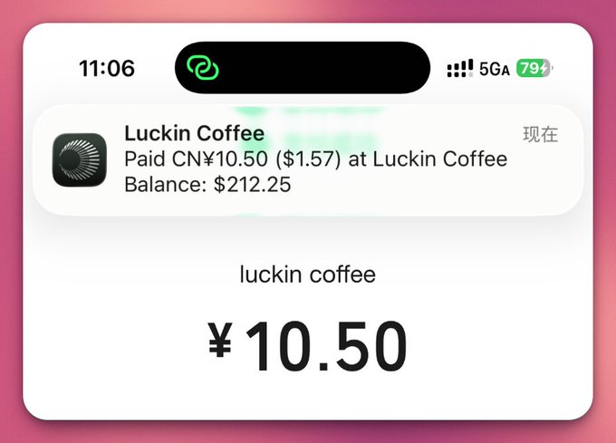 The image shows a cell phone screen displaying an alert for a payment made by someone named "Lukin Coffee" to another person, who lives in China. The message includes details about the transaction, such as the amount paid and the recipient's name. The text also mentions that the payment was processed successfully and is now credited to the account of the person who sent it.