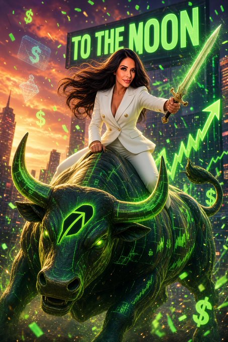 The image features a woman in a white suit wielding a glowing green sword while riding a digital bull, with the text "TO THE MOON" displayed prominently above against a city skyline at sunset, surrounded by floating dollar signs and an upward-trending chart. The imagery directly mirrors the post's bullish "Don't fade the Hood" message, using the classic "to the moon" phrase and charging bull as symbols of Robinhood Meme's surging momentum.