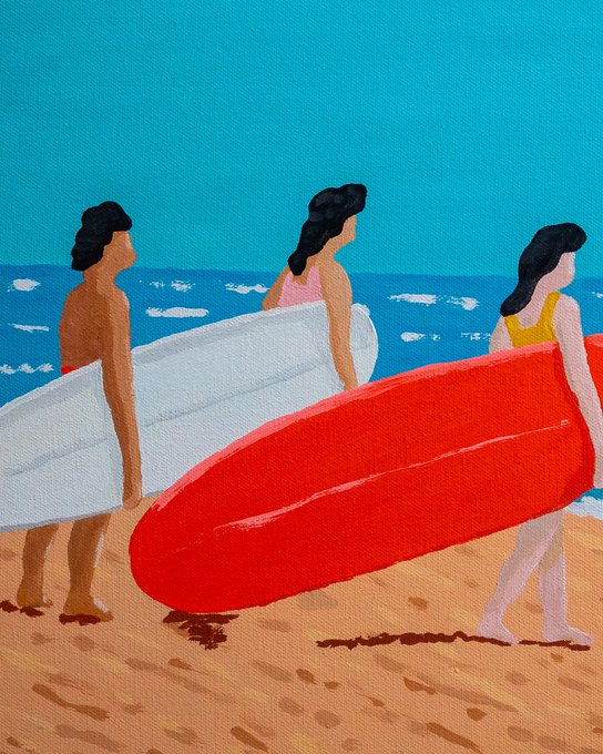 Stylized painting of three figures in swimwear carrying surfboards—one white and one large red—walking along a sandy beach beside the blue ocean.