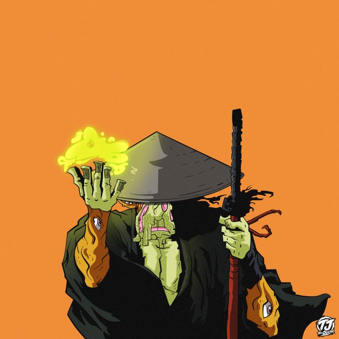 An illustration of a stylized character wearing a conical hat and dark robes, holding glowing green skeletal hands, set against a solid orange background, with a small 'TJ' signature in the corner.