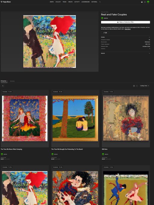 Screenshot of the SuperRare NFT collection 'Real and Fake Couples' by arneha, featuring a grid of pixelated, mosaic-style romantic artwork with titles such as 'The Time We Never Went Camping', 'The Time We Bought Our Pretending To The Beach', and 'Still Home.'