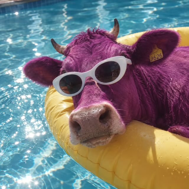 A purple cow with horns relaxes in a swimming pool on a yellow floatie, wearing white sunglasses and sporting a yellow ear tag marked '9626'.