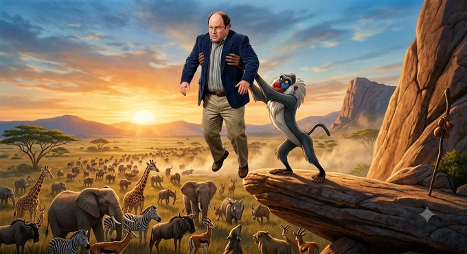 A humorous AI-generated image depicting the 'Lion King' iconic Pride Rock scene, but featuring a man being held up by Rafiki instead of a lion cub, with various African animals gathered below.