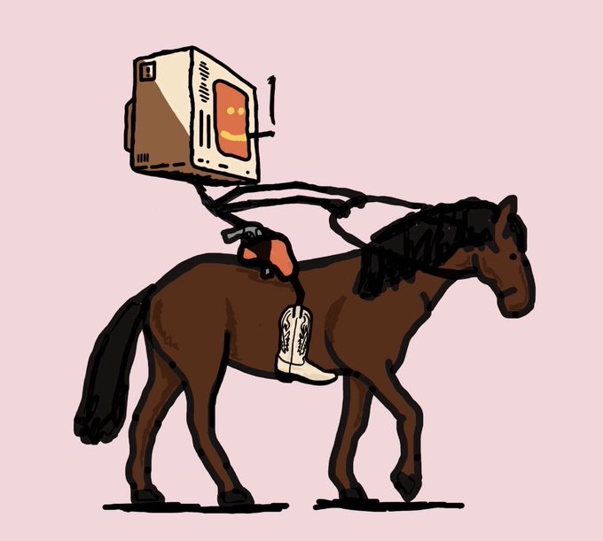 A cartoon illustration depicts a brown horse with a retro beige computer monitor mounted on its back, displaying a simple smiley face, set against a pale pink background.