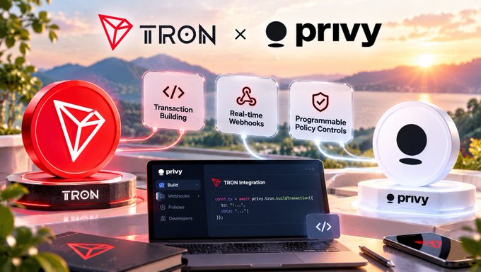 Partnership announcement graphic showing 'TRON × privy' featuring icons for 'Transaction Building', 'Real-time Webhooks', and 'Programmable Policy Controls' alongside a code snippet.