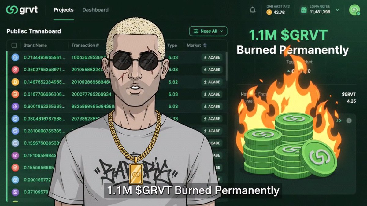 GRVT token-burn graphic showing a cartoon man in sunglasses and chains in front of a dashboard, with green $GRVT coins engulfed in flames and the text “1.1M $GRVT Burned Permanently.”