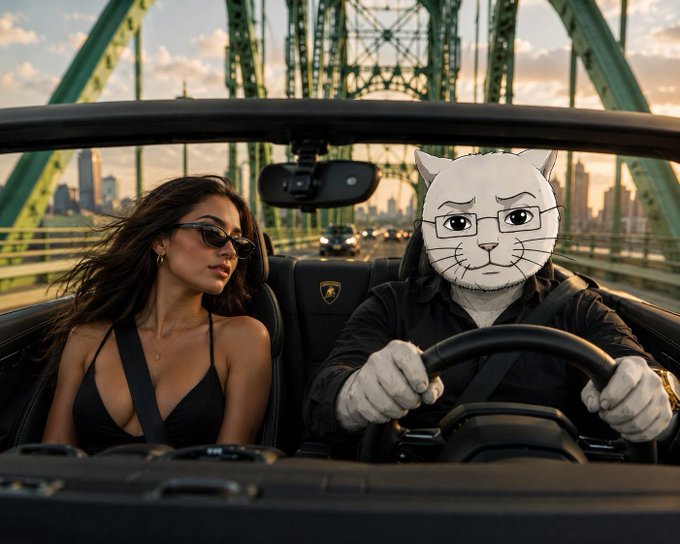 A woman in sunglasses rides in the passenger seat of a convertible with an anthropomorphic cat wearing glasses behind the wheel, crossing a green-truss bridge with a city skyline in the background. The image visually echoes the post's "$CATJAK loves to drive across green bridges" caption, depicting the cat-themed character literally enjoying a scenic bridge drive.