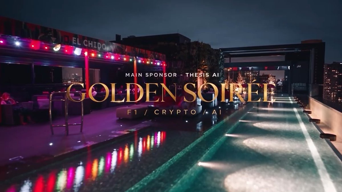 A nighttime rooftop poolside event titled 'GOLDEN SOIRÉE' with 'MAIN SPONSOR – THESIS AI' and 'F1 / CRYPTO / AI' text, with 'EL CHIDO' visible in the background and colorful string lights reflecting in the pool.