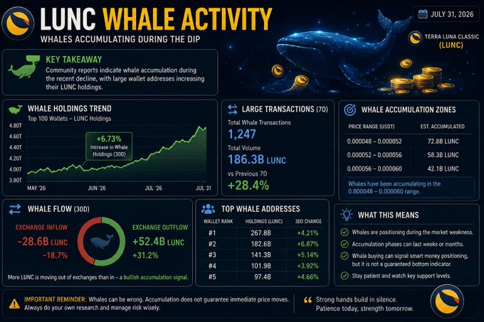 A crypto infographic titled 'LUNC Whale Activity' for July 31, 2026, showing charts on whale holdings trend, large transactions, and exchange flow for Terra Luna Classic.