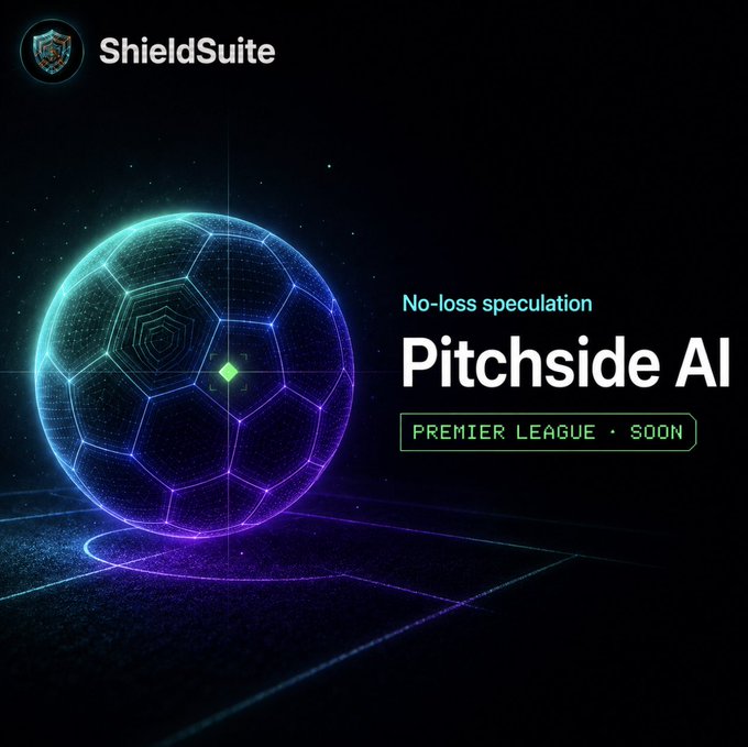 ShieldSuite promotional image announcing 'No-loss speculation' for 'Pitchside AI' with 'PREMIER LEAGUE · SOON' tagline, featuring a glowing geometric soccer ball design.